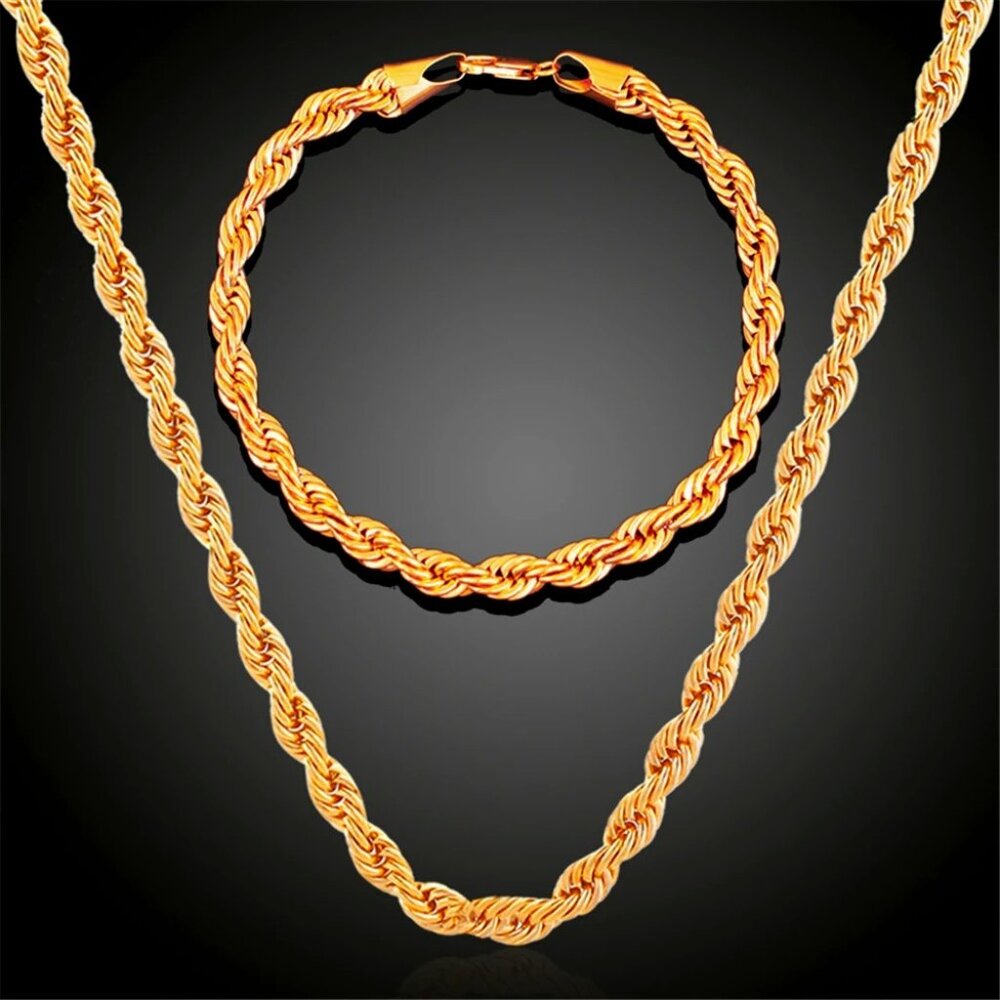 ⭐  2pc. Diamond Cut Rope Set 22" Chain and 7.75" Bracelet 4mm Wide 18K Gold⭐